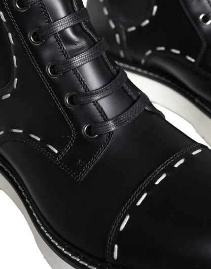 Black Leather Combat Mid Calf Boots Shoes