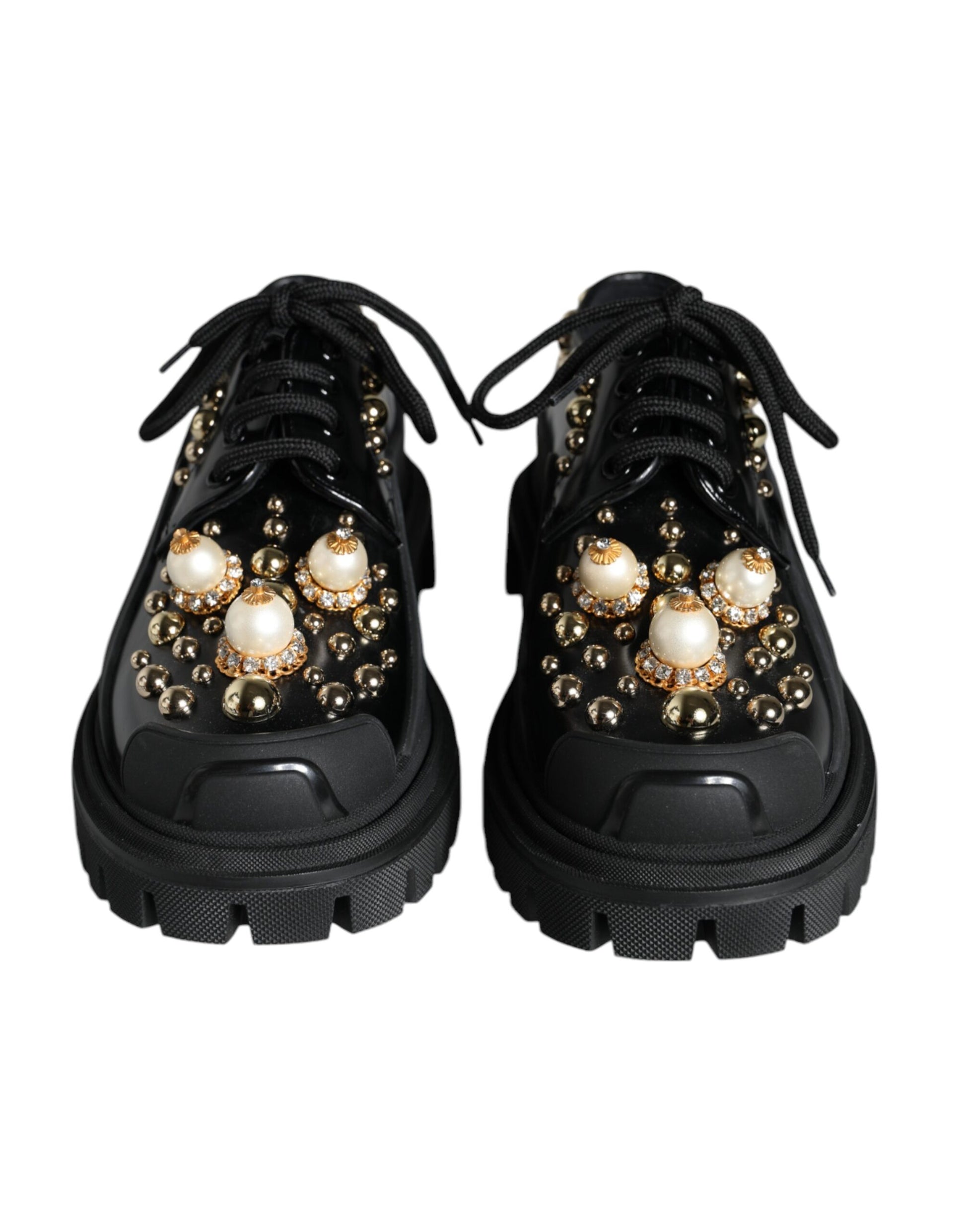 Black Leather Trekking Derby Embellished Shoes