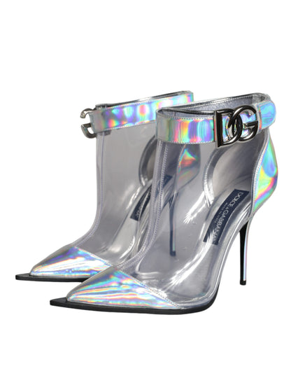 Silver Iridescent PVC Pointed Short Boots Shoes