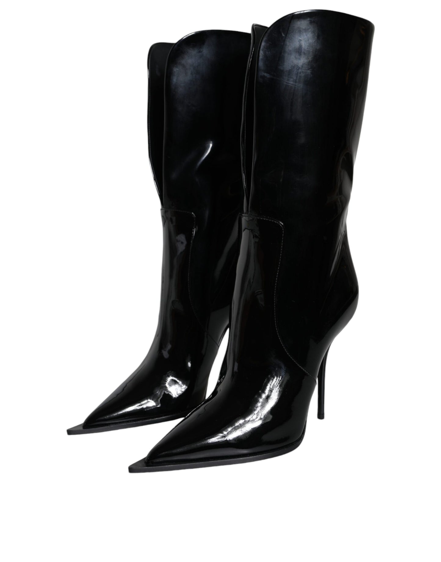 Black Patent Leather Mid Calf Boots Shoes