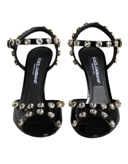 Black Leather Crystal Ankle Strap Sandals Shoes