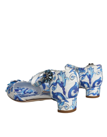 White Blue Majolica Print Ankle Strap Sandals Shoes