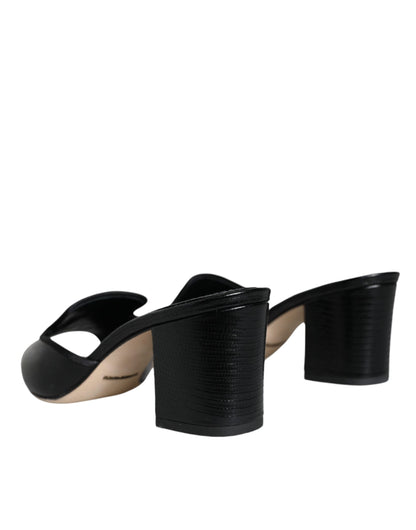 Black Logo Plaque Leather Heels Sandals Shoes