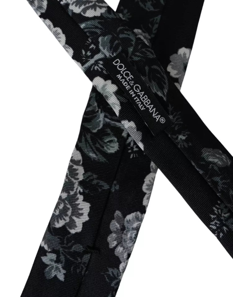 Black Floral Print Silk Adjustable Men Tie