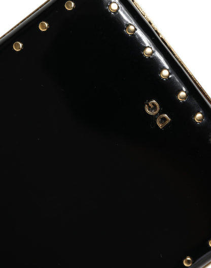 Black Leather Studs Gold Frame Clutch Evening Purse Bag