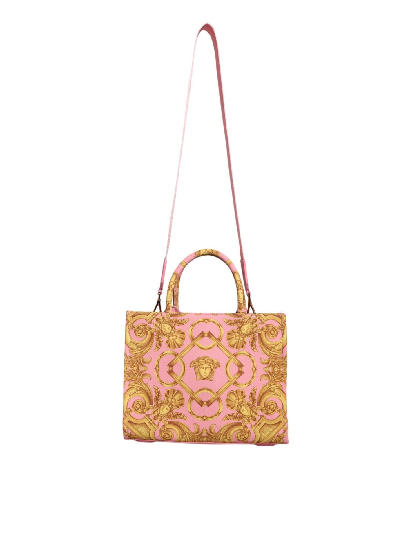 Pink Yellow Baroque Fabric Leather Shopping Tote Bag