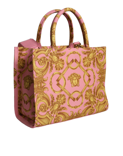 Pink Yellow Baroque Fabric Leather Shopping Tote Bag