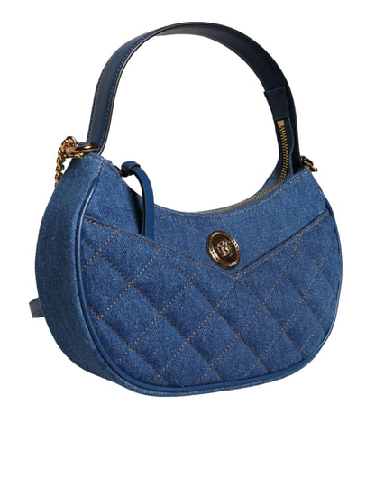 Blue Quilted Denim Leather Top Handle Shoulder Bag