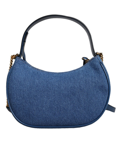 Blue Quilted Denim Leather Top Handle Shoulder Bag