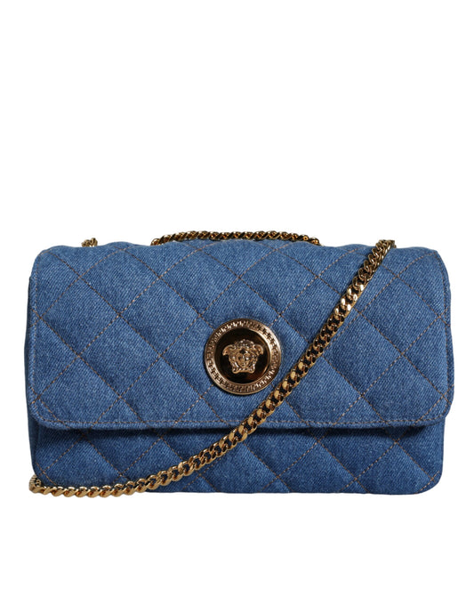 Blue Quilted Denim Leather Crossbody Shoulder Bag