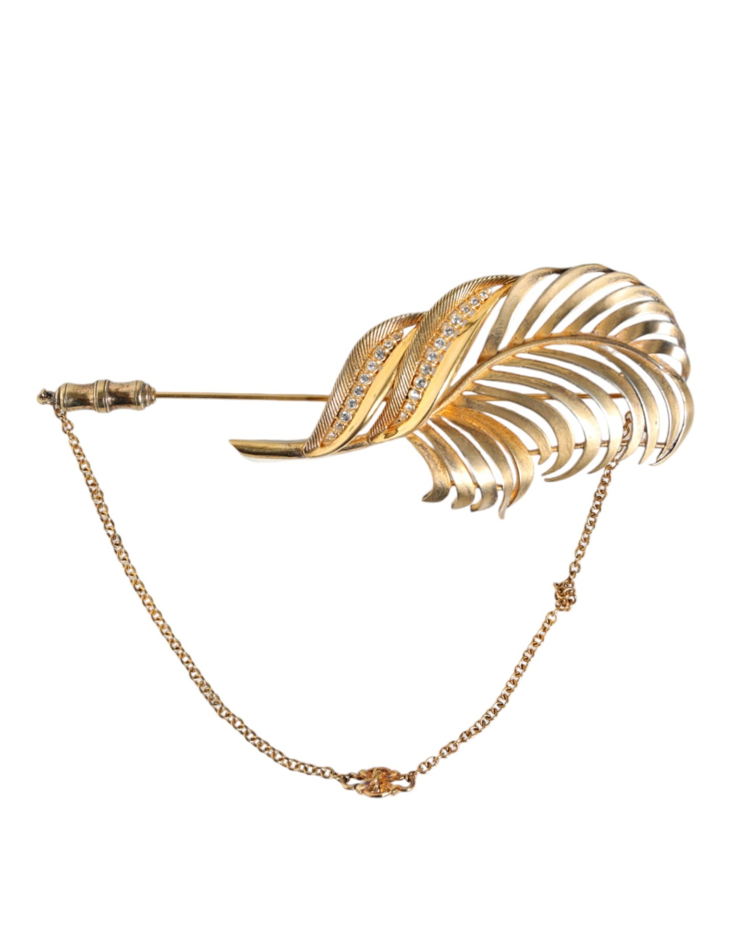 Gold Tone 925 Sterling Silver Leaf Crystal Chain Brooch