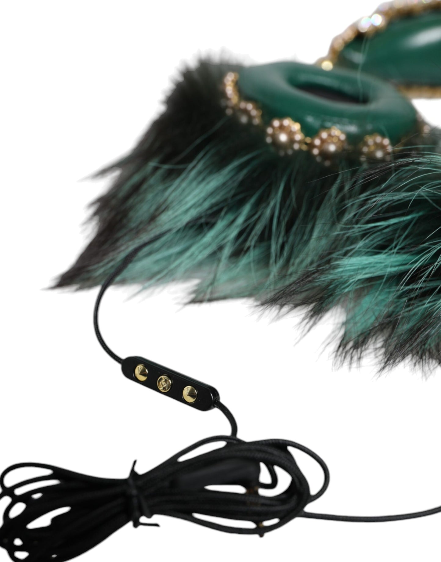 Green Gold Crystal Fur Headset Audio AUX Headphones