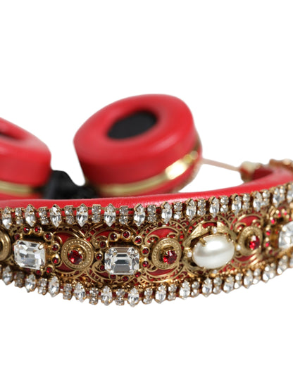 Red Nappa Leather Floral Crystal Headphone