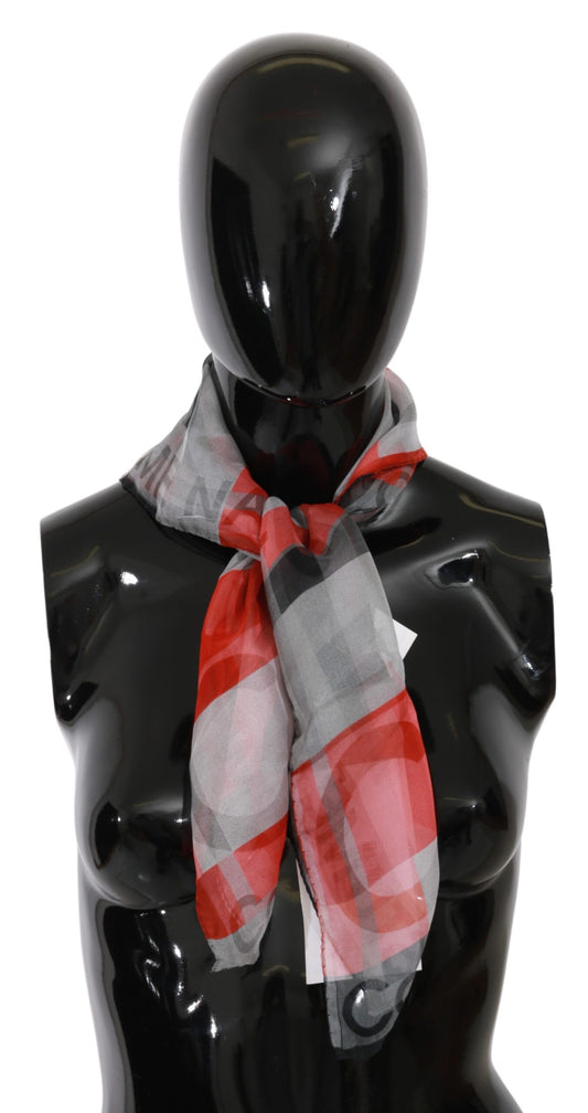 Gray Red 100% Silk Branded Scarf