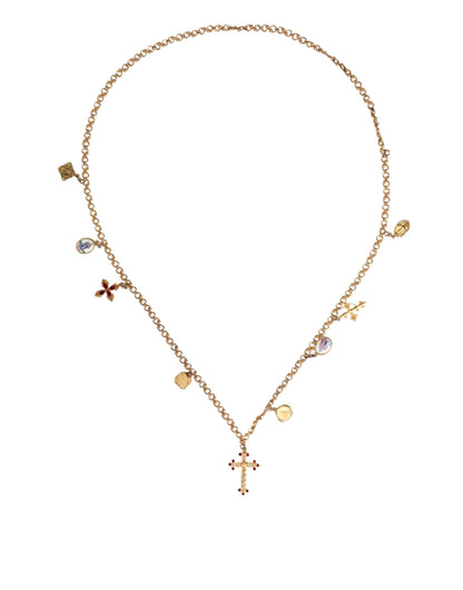 Gold Tone Brass Chain Religious Cross Pendant Necklace