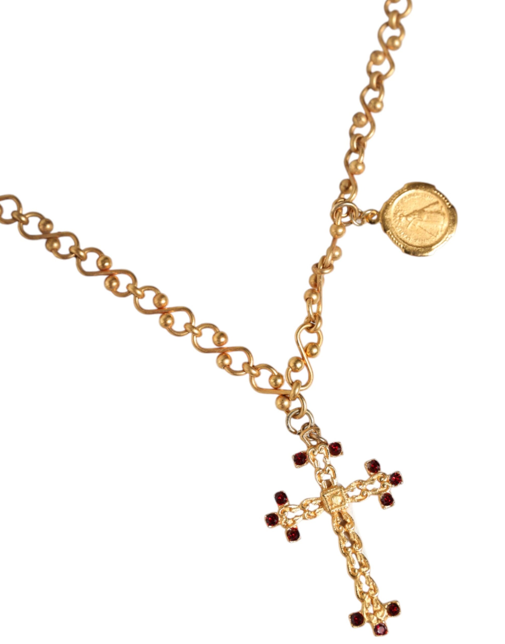 Gold Tone Brass Chain Religious Cross Pendant Necklace