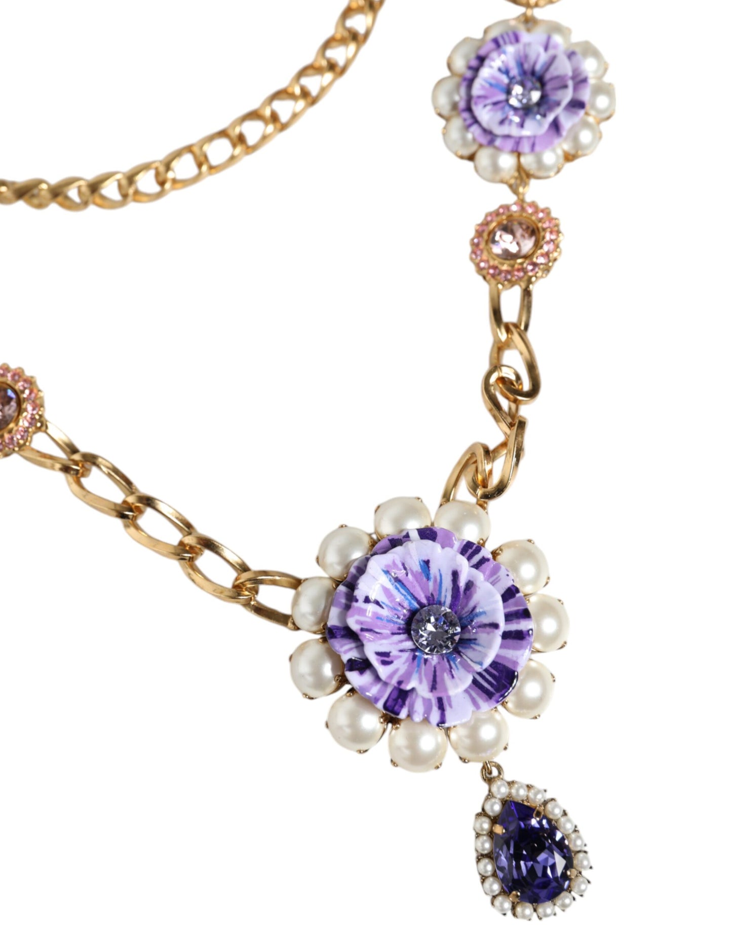 Gold Tone Floral Crystals Embellished Layered Necklace