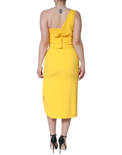 Yellow One Shoulder Side Slit Midi Dress