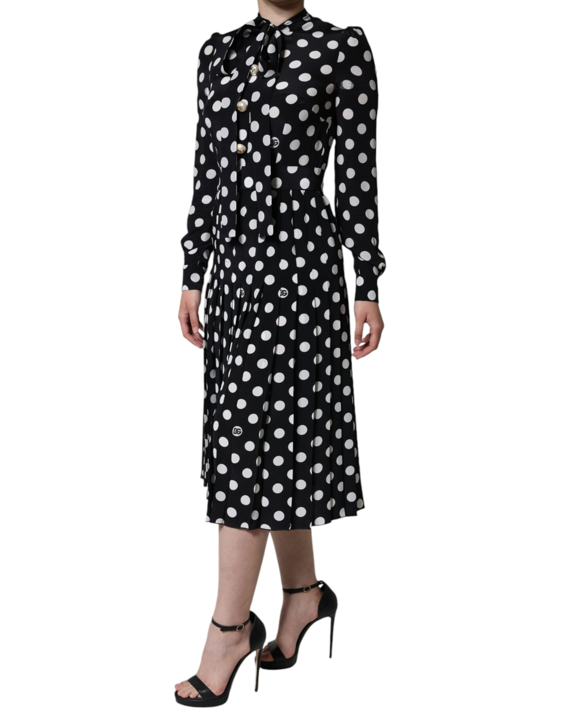 Black White Polka Dot Ascot Collar Midi Dress