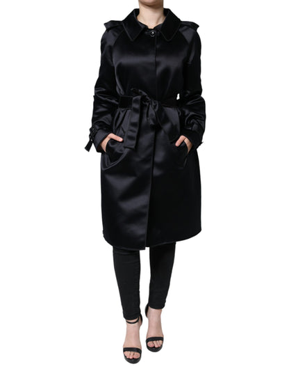 Black Polyester Organza Belted Coat Jacket