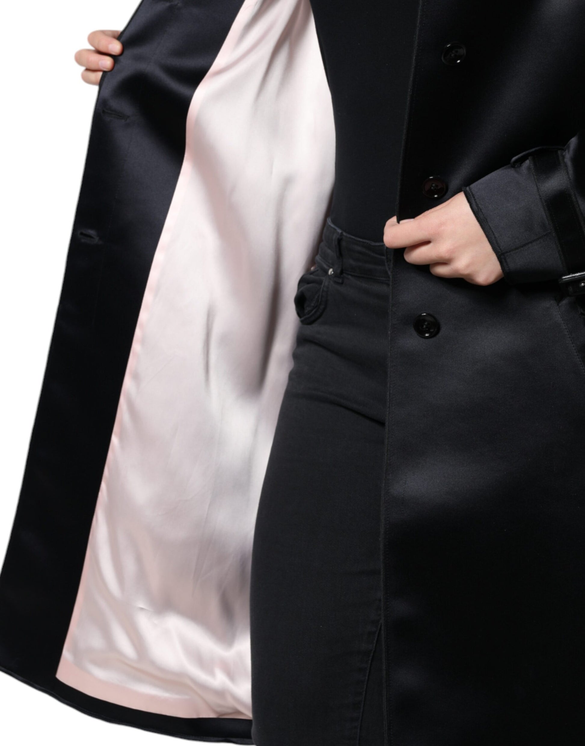 Black Polyester Organza Belted Coat Jacket