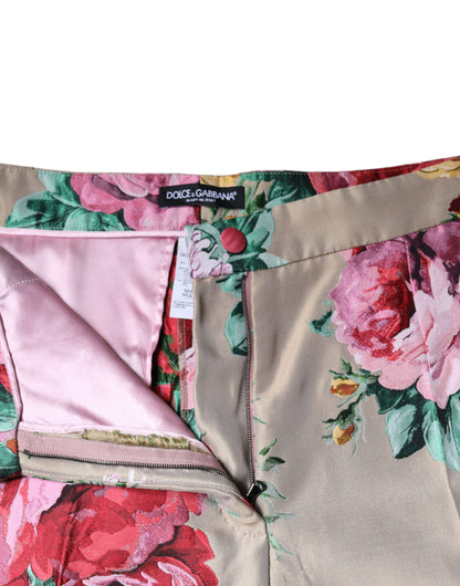 Beige Floral Jacquard High Waist Tapered Pants