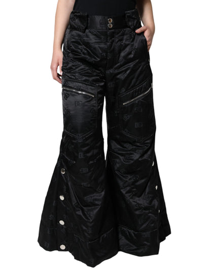 Black Quilted High Waist Women Wide Leg Pants