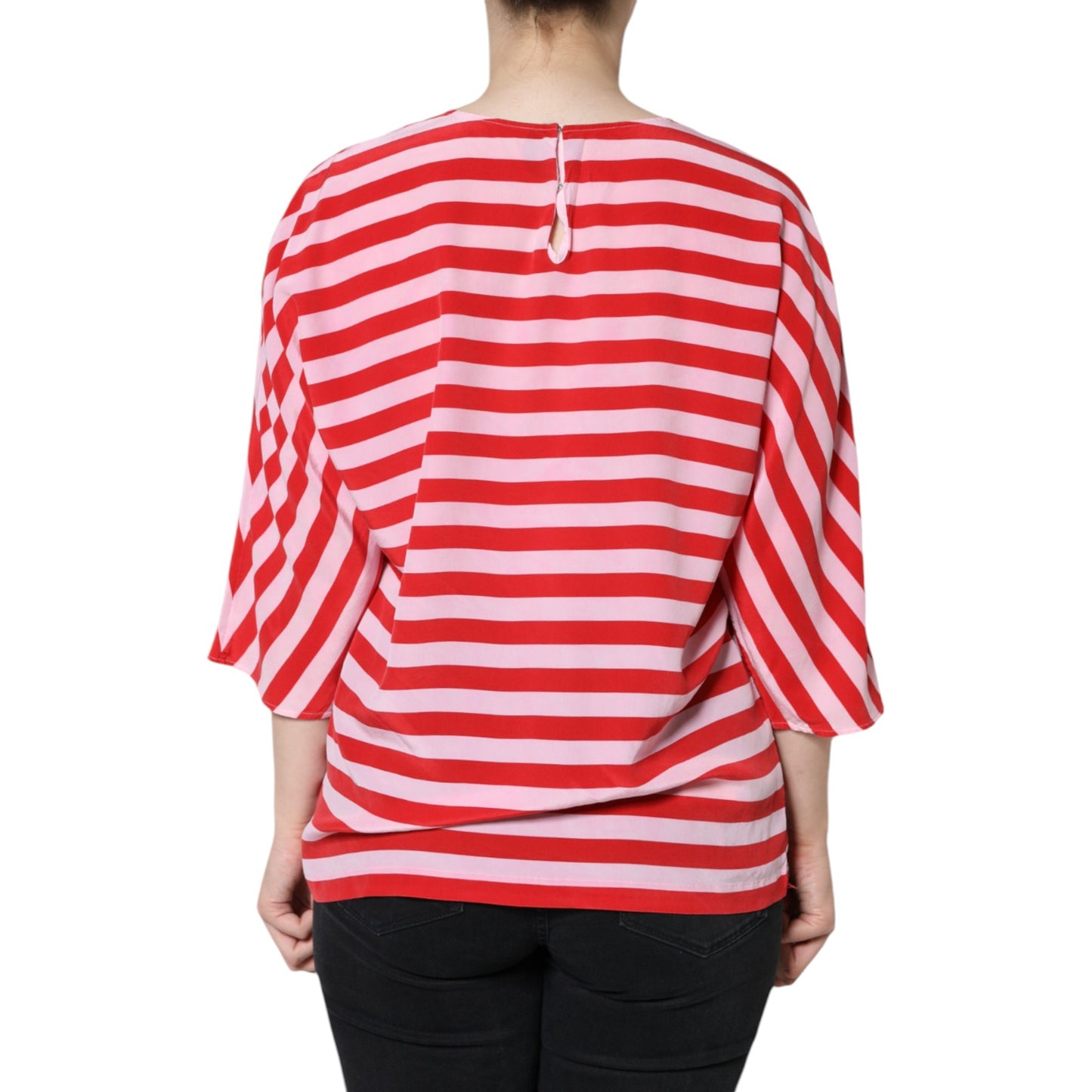 White Red Striped Silk Round Neck T-shirt