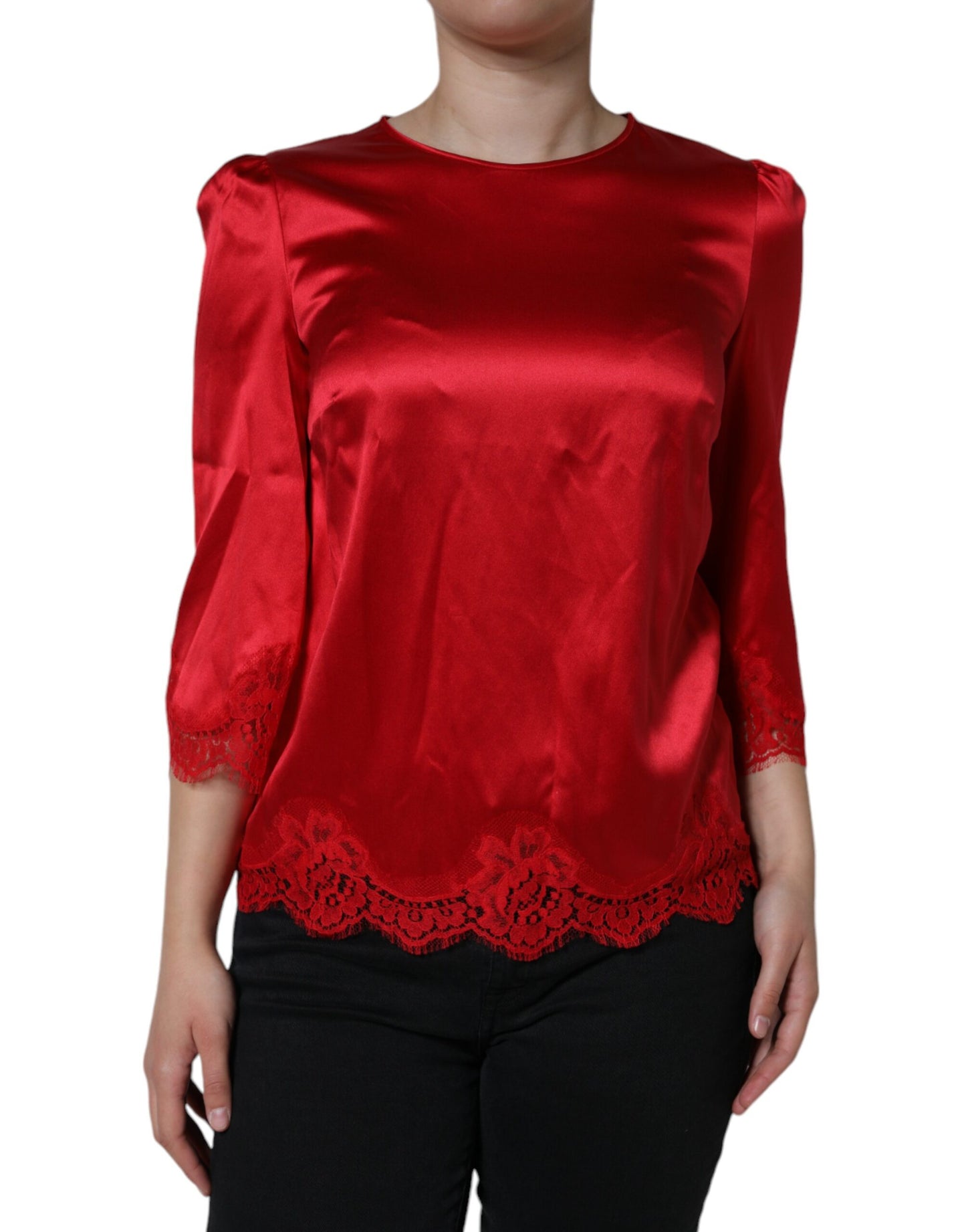 Red Satin Lace Trim Round Neck Blouse Top