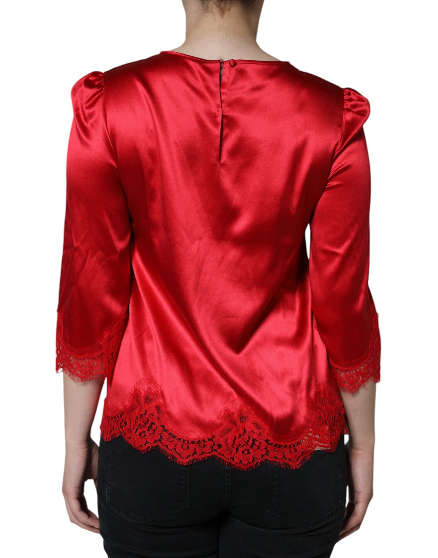 Red Satin Lace Trim Round Neck Blouse Top