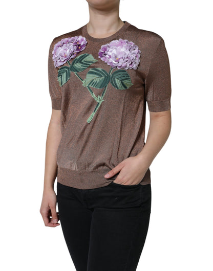 Brown Floral Applique Viscose Short Sleeve Top