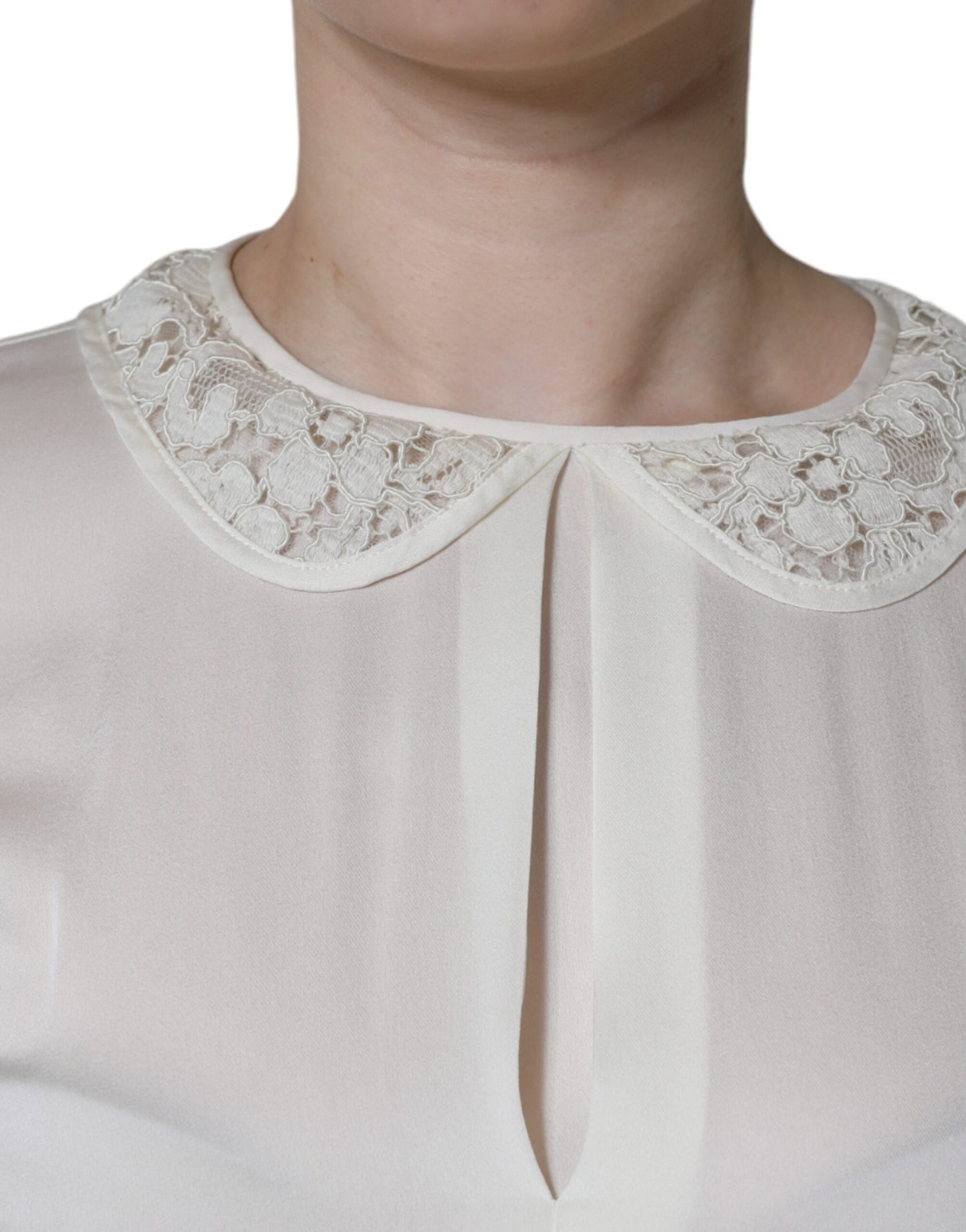 Off White Silk Lace Trimmed 3/4 Sleeves Blouse Top