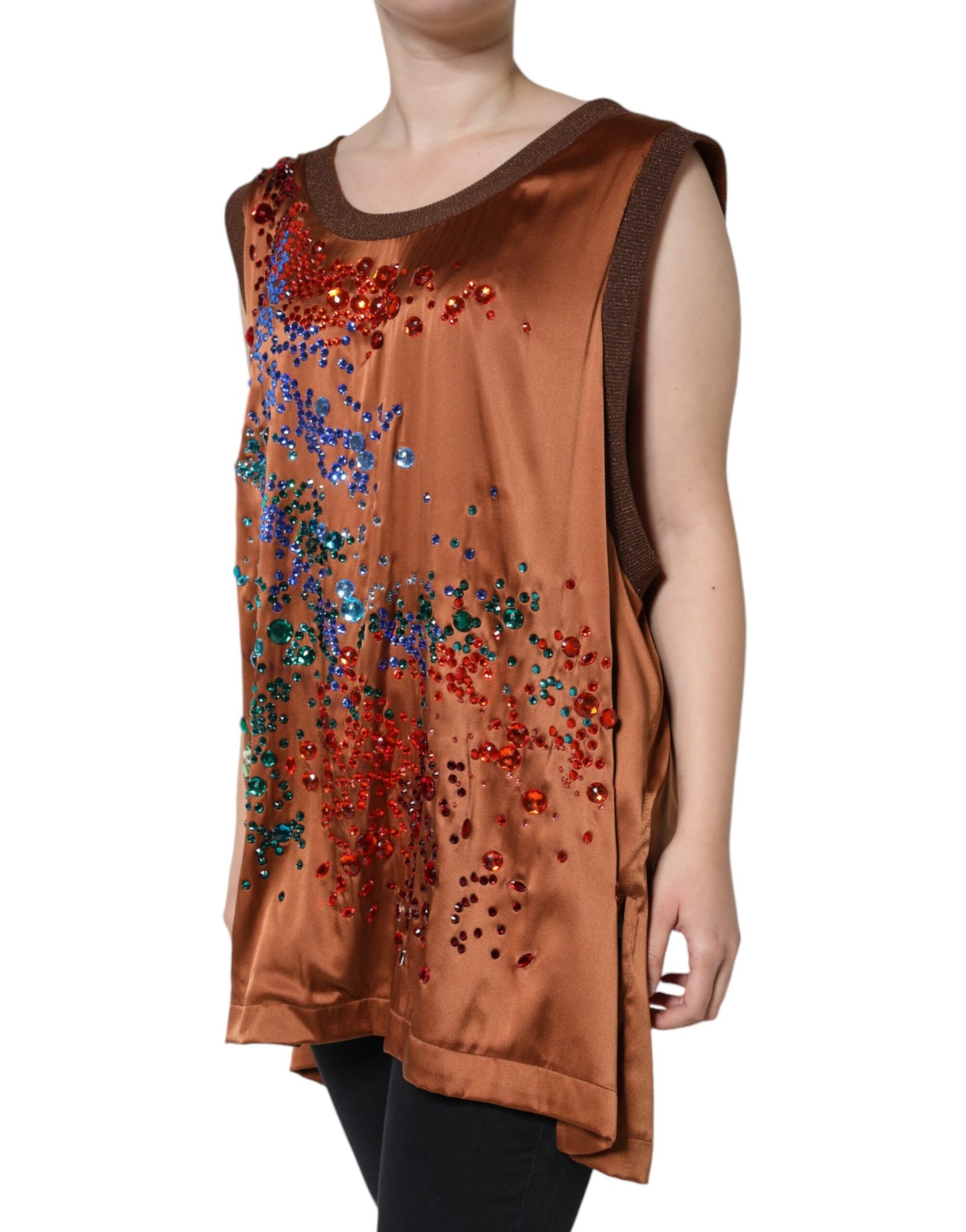 Brown Crystal Embellished Sleeveless Tank Top