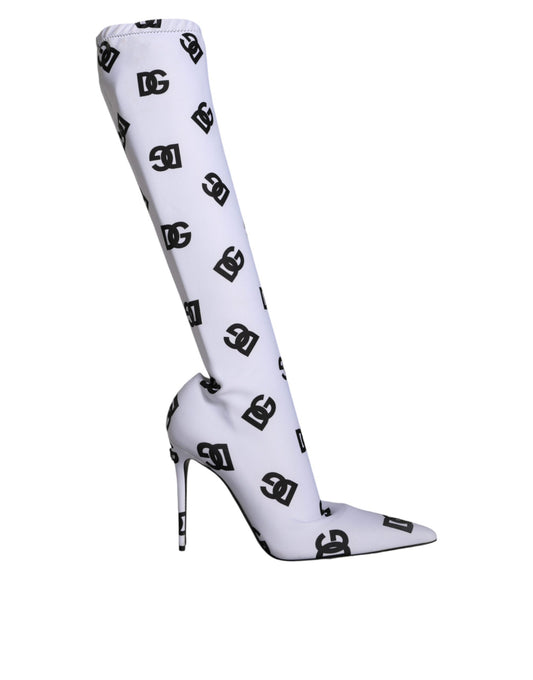 White Logo Stretch Heels High Boots Shoes