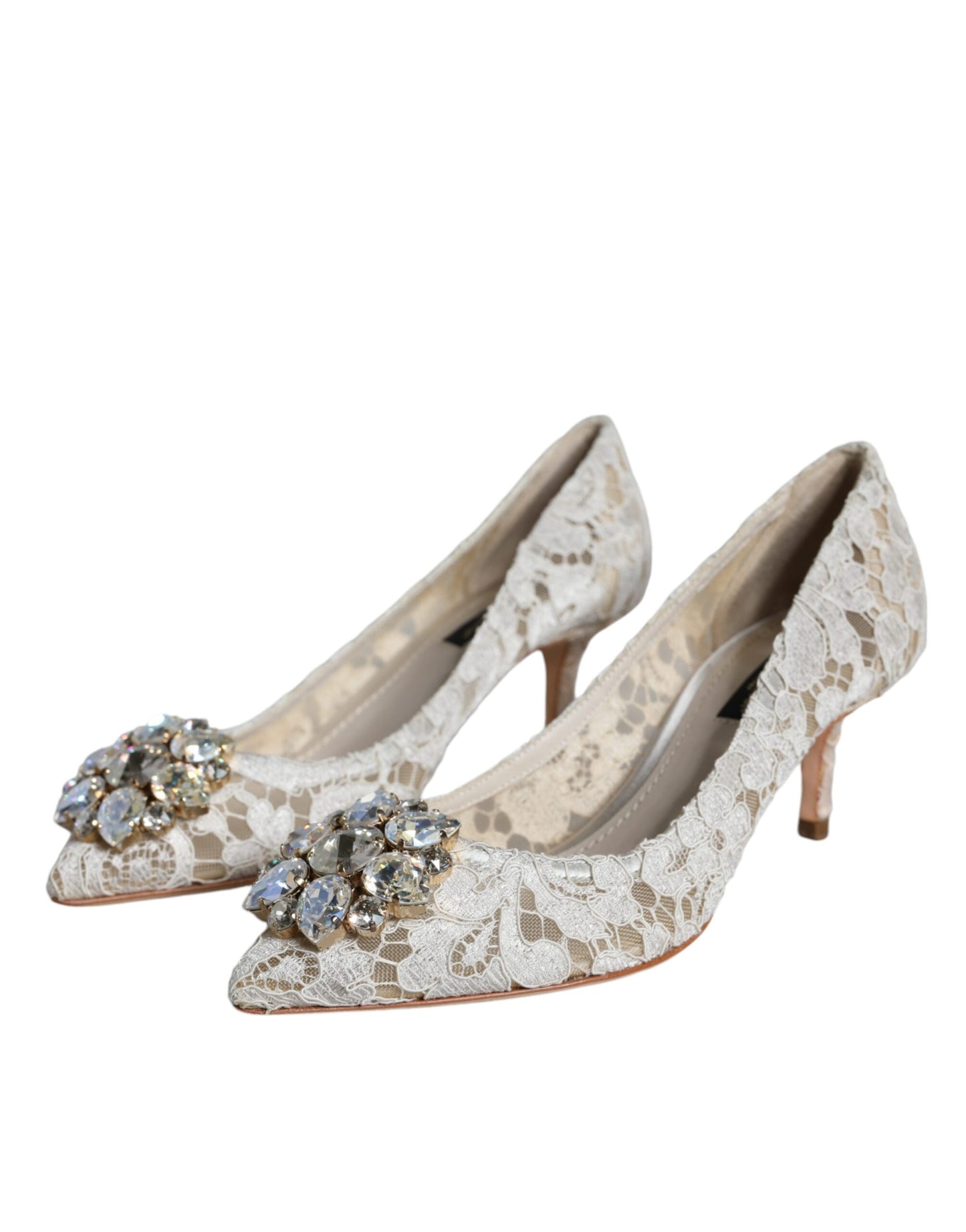 White Taormina Lace Crystal Heel Pumps Shoes