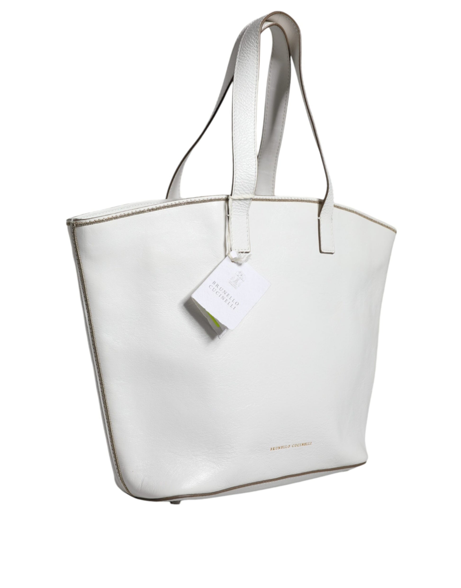 White Leather Logo Shoulder Strap Shopping Tote Bag