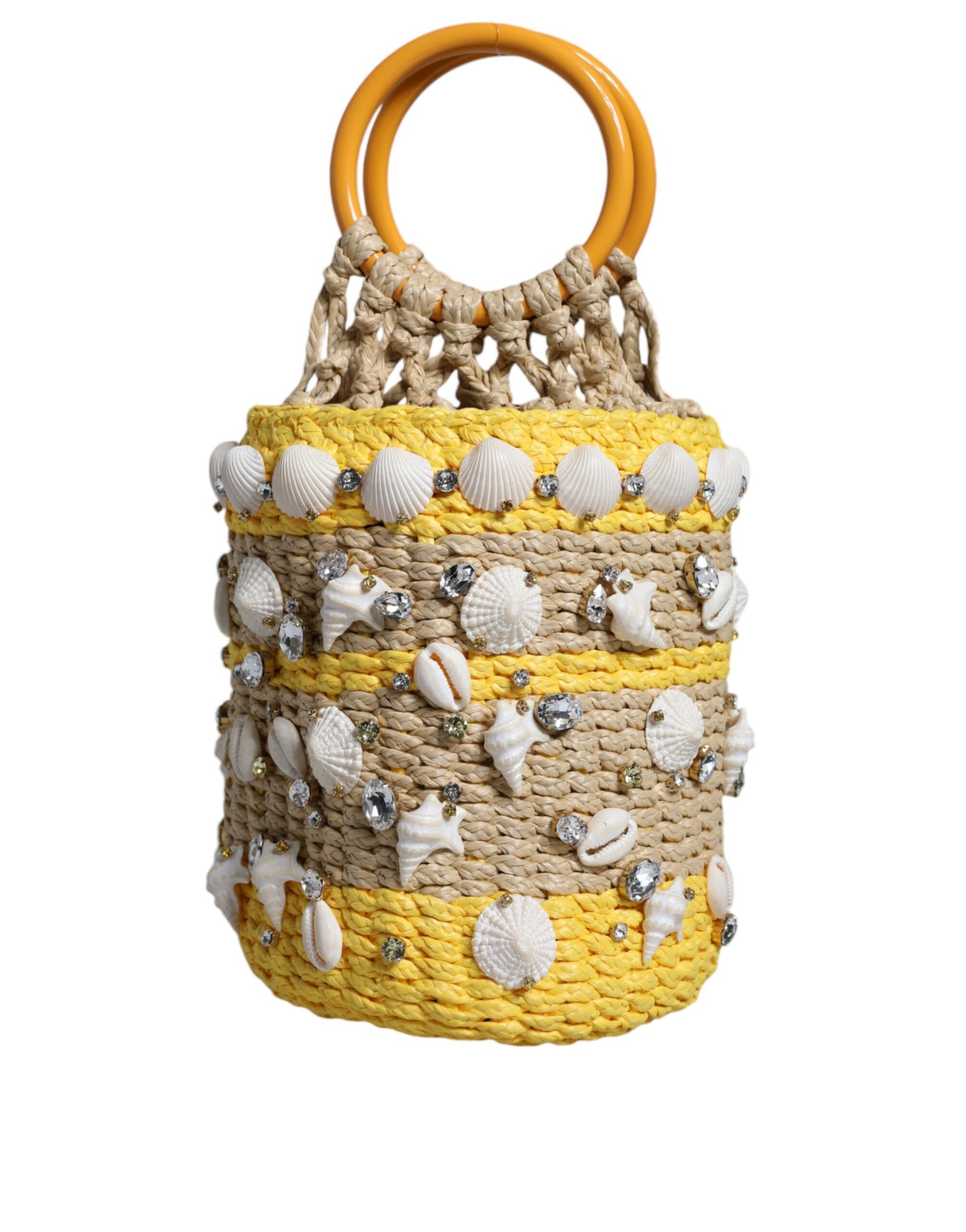 Beige Yellow Rafia Seashells Crystal Bucket Bag