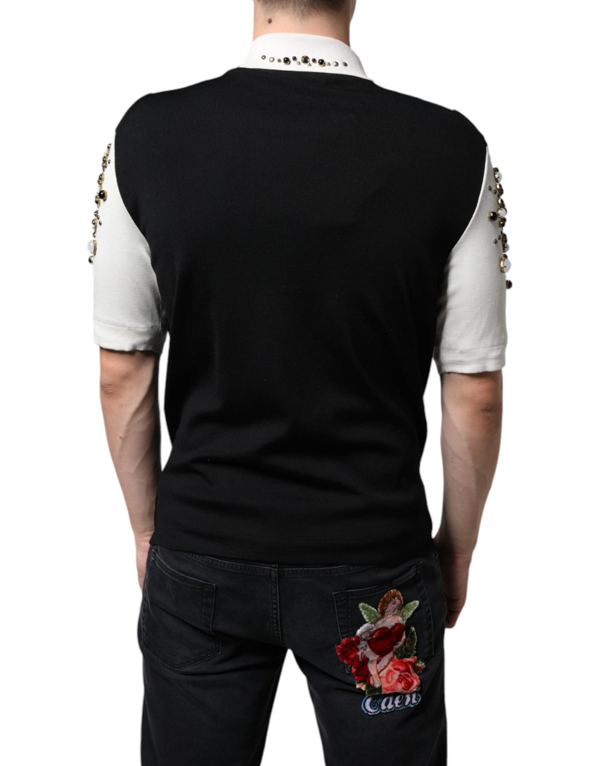 White Black Silk Studded Stone Crystal Shirt