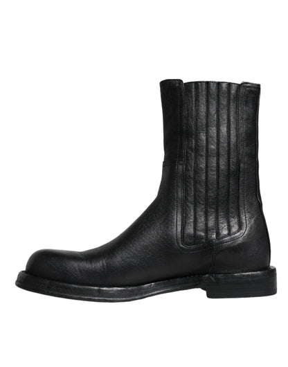 Black Horse Leather Mid Calf Boots Shoes