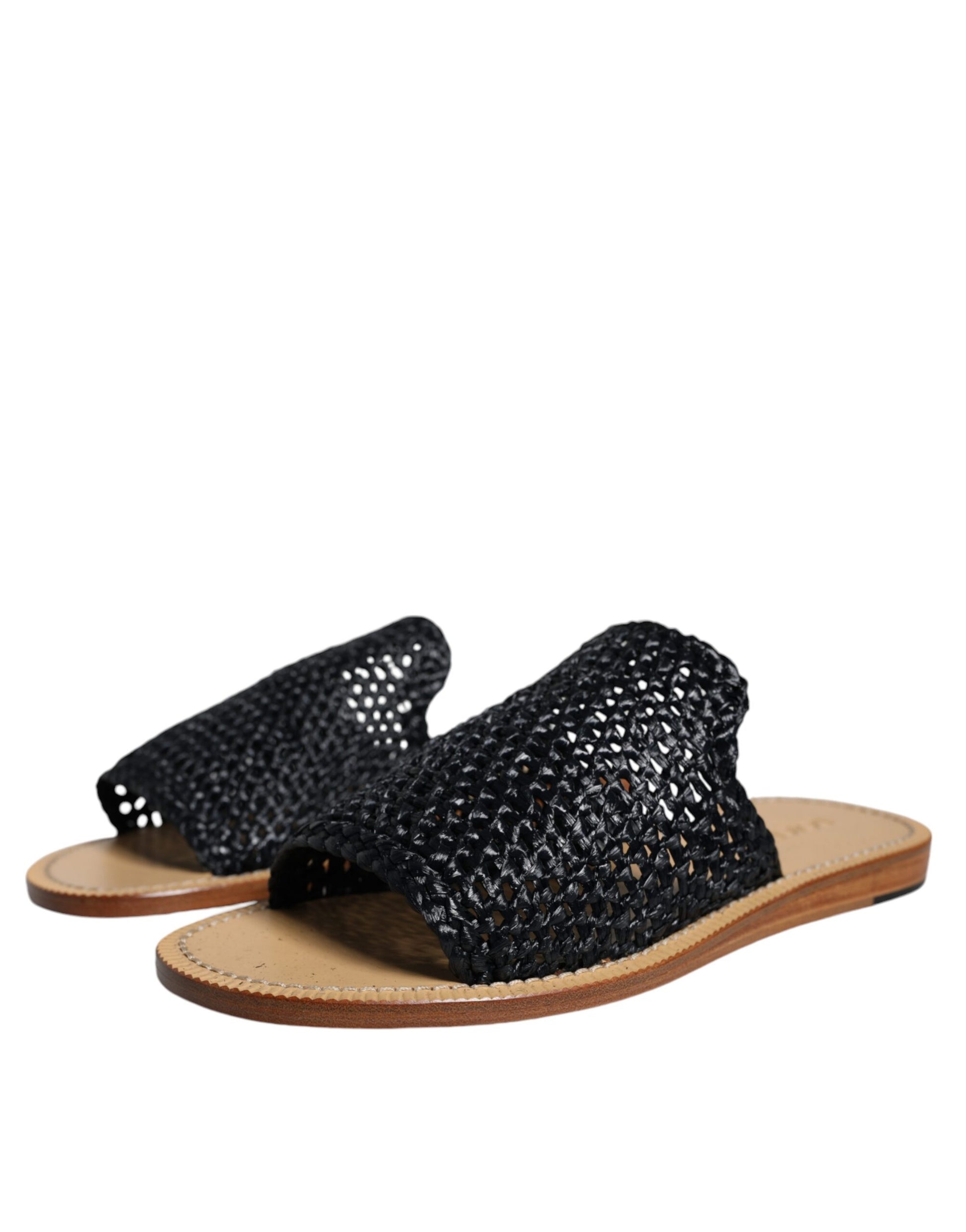 Black Monochrome Braided Raffia Slides Shoes