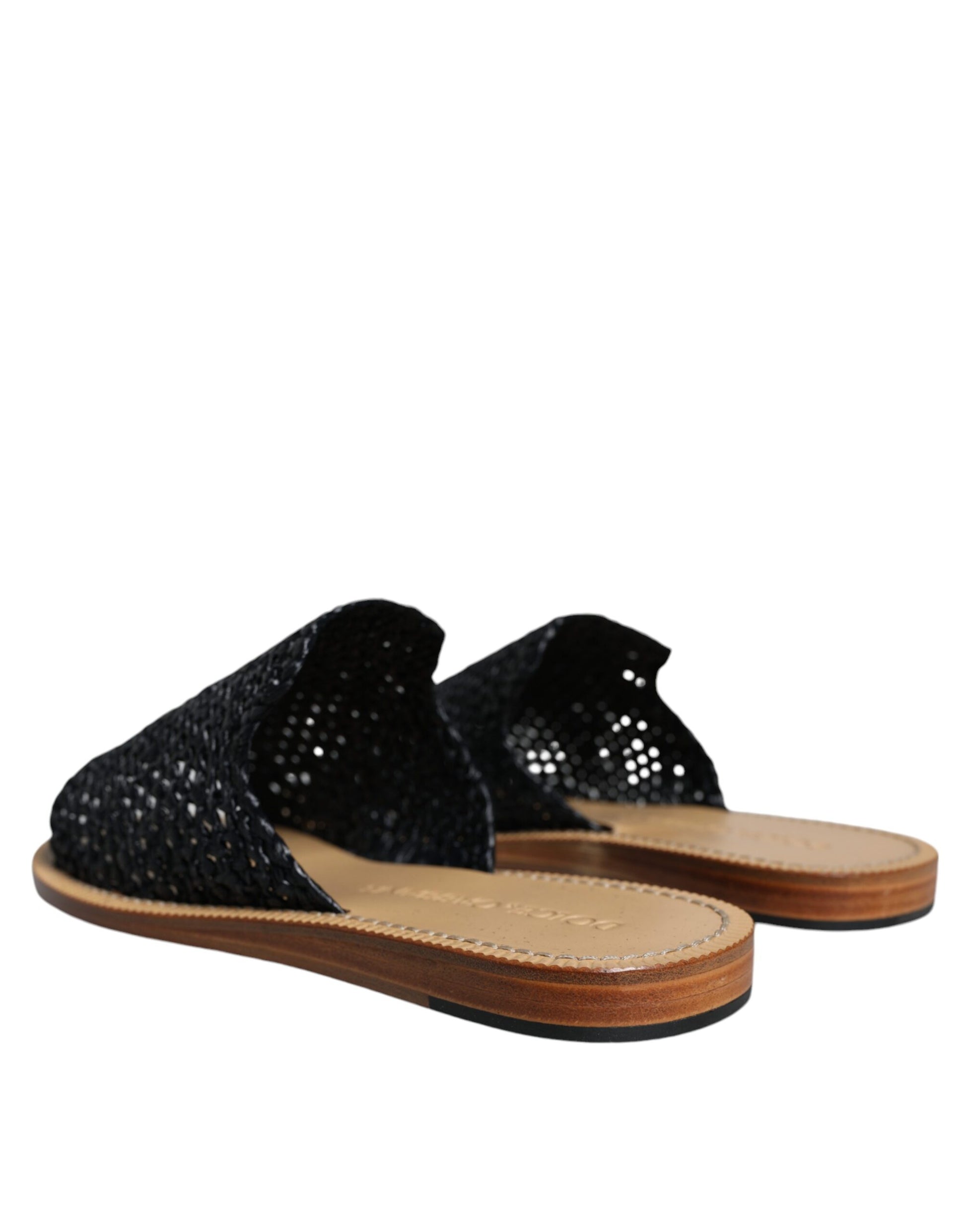 Black Monochrome Braided Raffia Slides Shoes