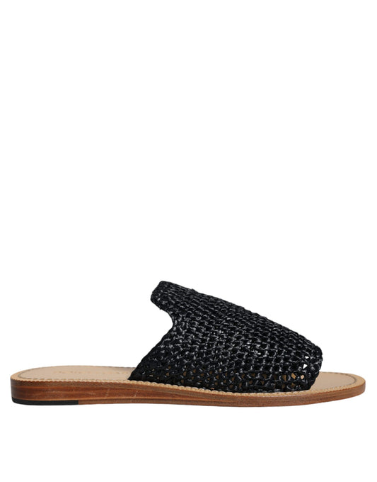 Black Monochrome Braided Raffia Slides Shoes