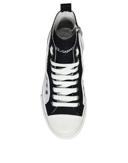 White Black Cotton Logo High Top Sneaker Shoes