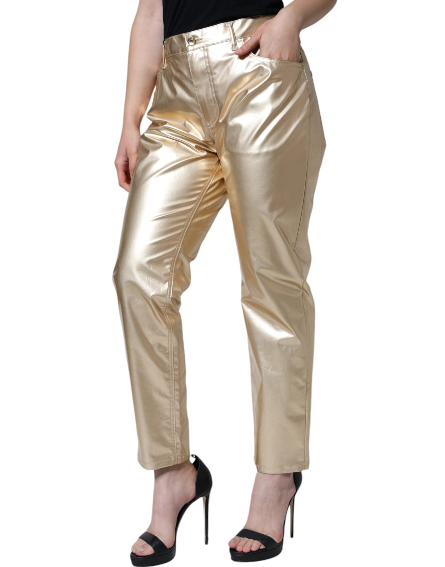 Metallic Gold Polyester Tapered Pants