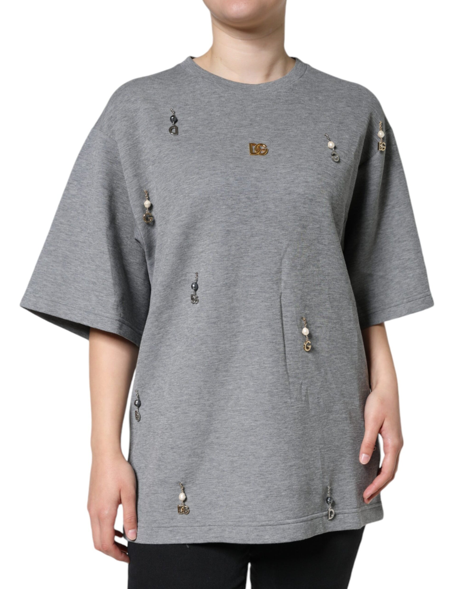 Gray Cotton Blend Embellished Tee T-shirt