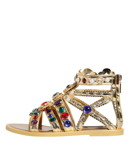 Gold Leather Crystal Gladiator Sandals Flats Shoes