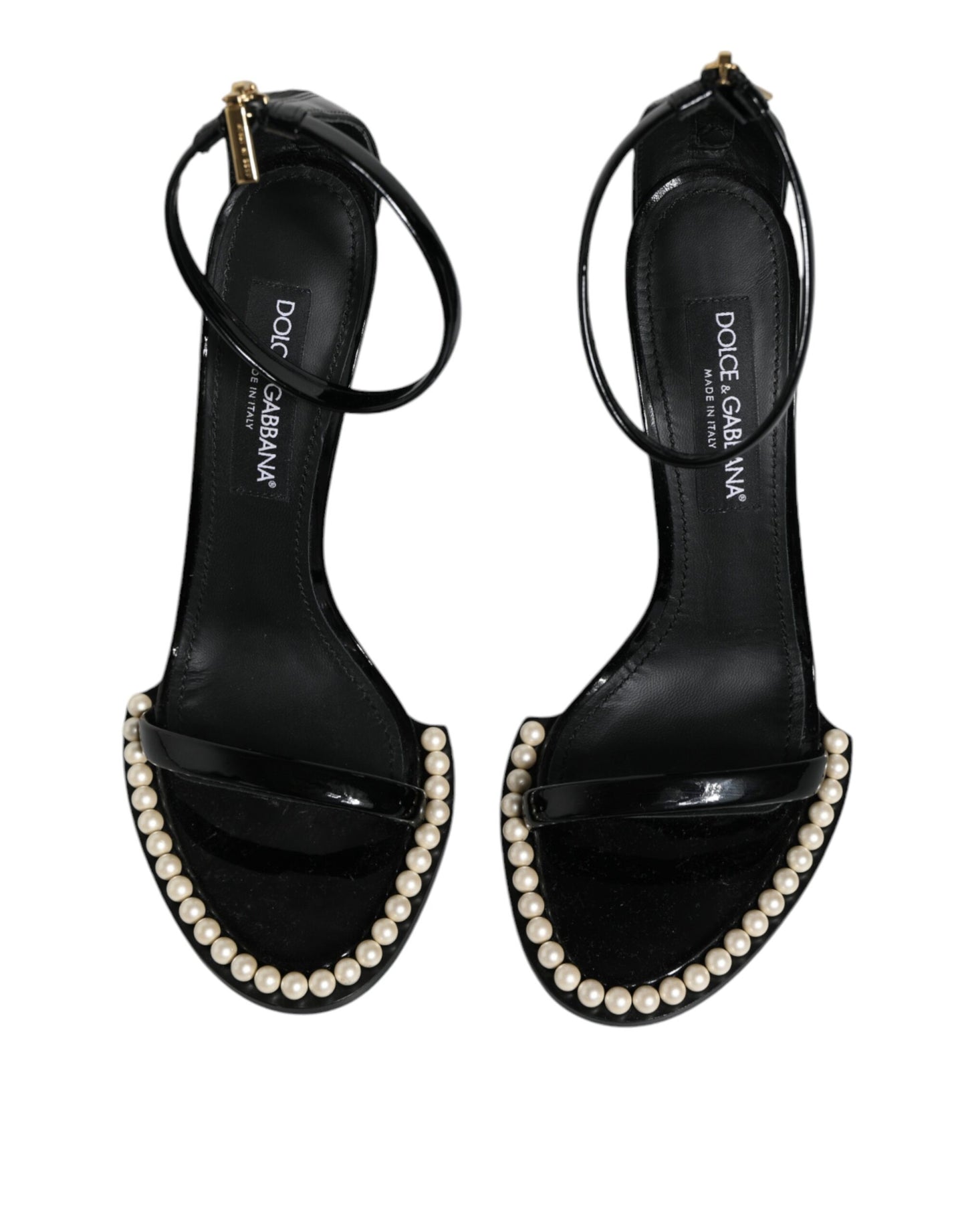 Black Keira Leather Faux Pearl Sandals Heels Shoes