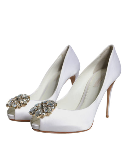 White Crystals Peep Toe Satin Pumps Shoes