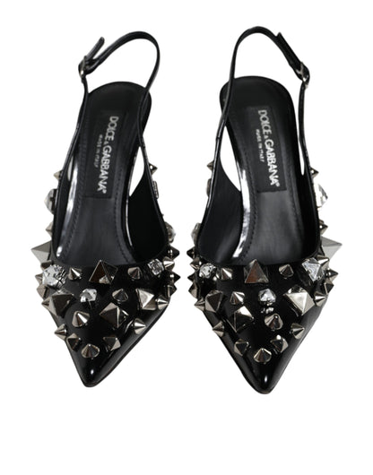 Black Leather Crystal Stud Slingback Shoes