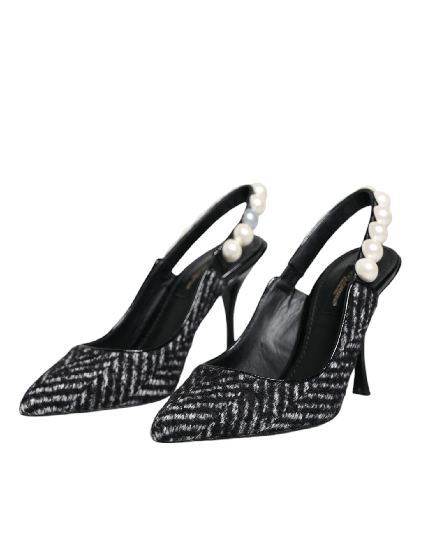 White Black Chevron Faux Pearl Slingback Shoes